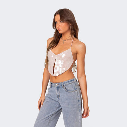 Women's Crop Top – Slim Fit – Halterneck – Deep V-Neck – Shiny Party Look