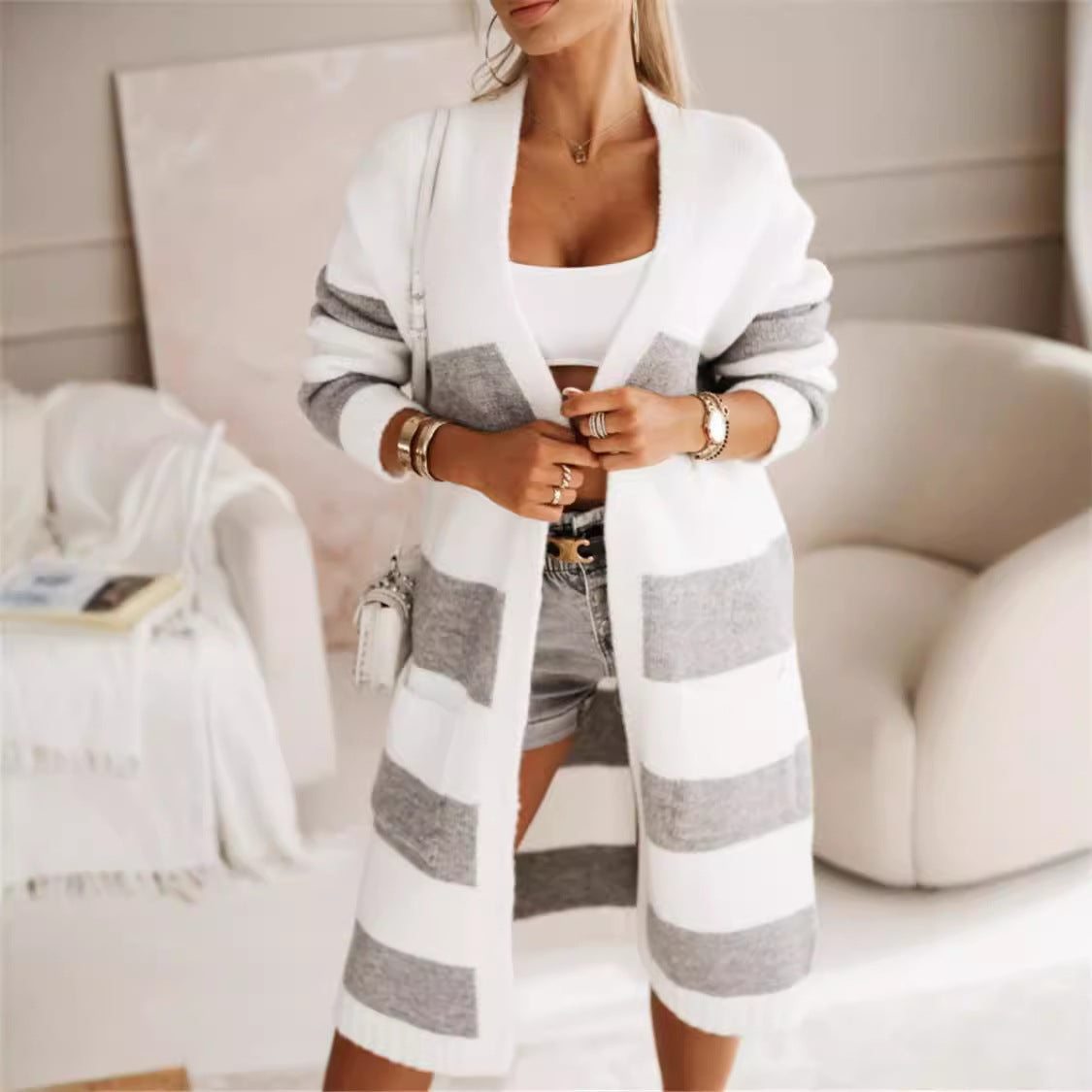 Women's Cardigan – Oversized Fit – Long Open Front – Ribbed Cuffs – Striped Design