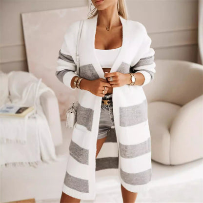 Women's Cardigan – Oversized Fit – Long Open Front – Ribbed Cuffs – Striped Design