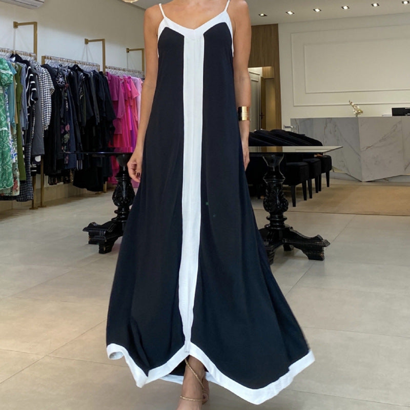 Women's Maxi Dress – Loose Fit – Light and Breathable – Thin Straps – Contrast Trim