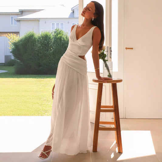 Women's Maxi Dress – Sleeveless A-line – V-neck – Light and Luxurious with Cut-out Waist
