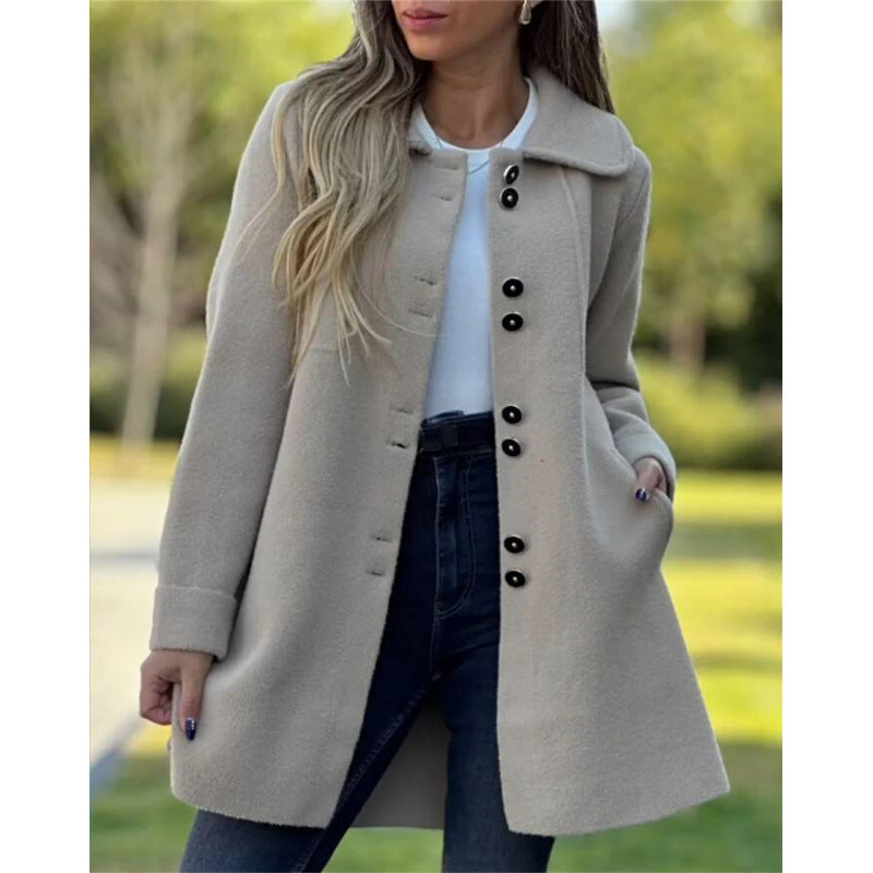 Women's Coat – Wool – Structured Fit – Wide Collar – Button Closure – Mid-Length