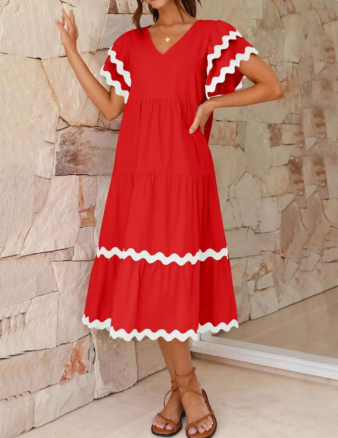 Women's Midi Dress – Relaxed Fit – V-Neck – Ruffle Sleeves – Breathable Fabric