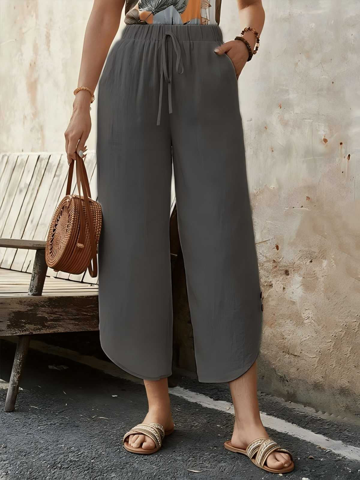 Women's Trousers – Cropped – Wide Leg – High Waist – Drawstring Closure – Breathable Mix