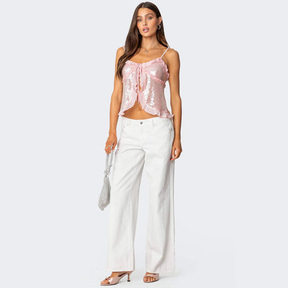 Women's Halter Crop Top – Sequins – Tight-fitting – Ruffle Edge – Tie String