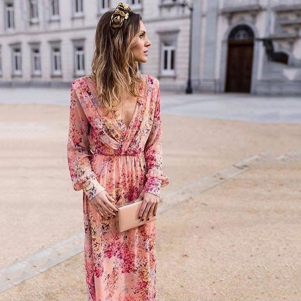 Women's Dress Maxi – Floral Print – Deep V-Neck – Light and Airy Fit