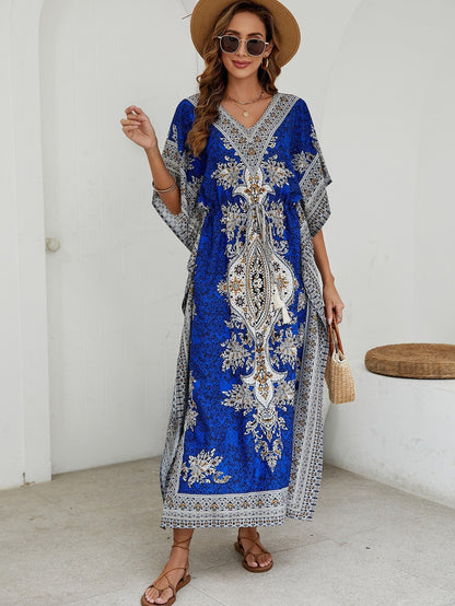 Dress for Women – Maxi Dress with Loose Fit – V-Neck – Short Wide Sleeves – Elegant Pattern Design