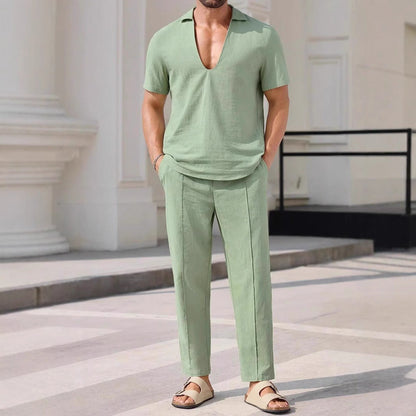 Men's Set – Relaxed Fit – Short-Sleeved Shirt & Straight Pants – Breathable Design