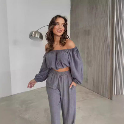 Dame Sæt – Off-Shoulder Crop Top med Lange Ærmer – Højtaljede Vide Bukser