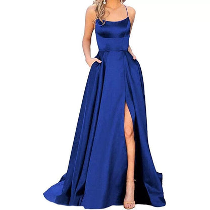 Women's Evening Gown - Sleek A-Line - Spaghetti Straps - Side Slit