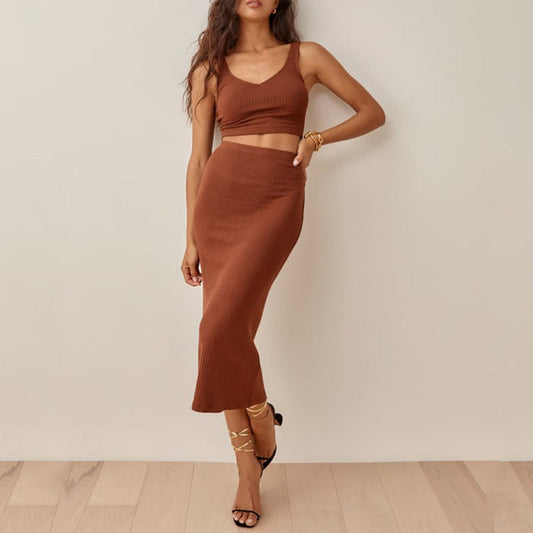 Women's Set – Ribbed Knit Crop Top and Midi Skirt – Slim Fit – High Waist