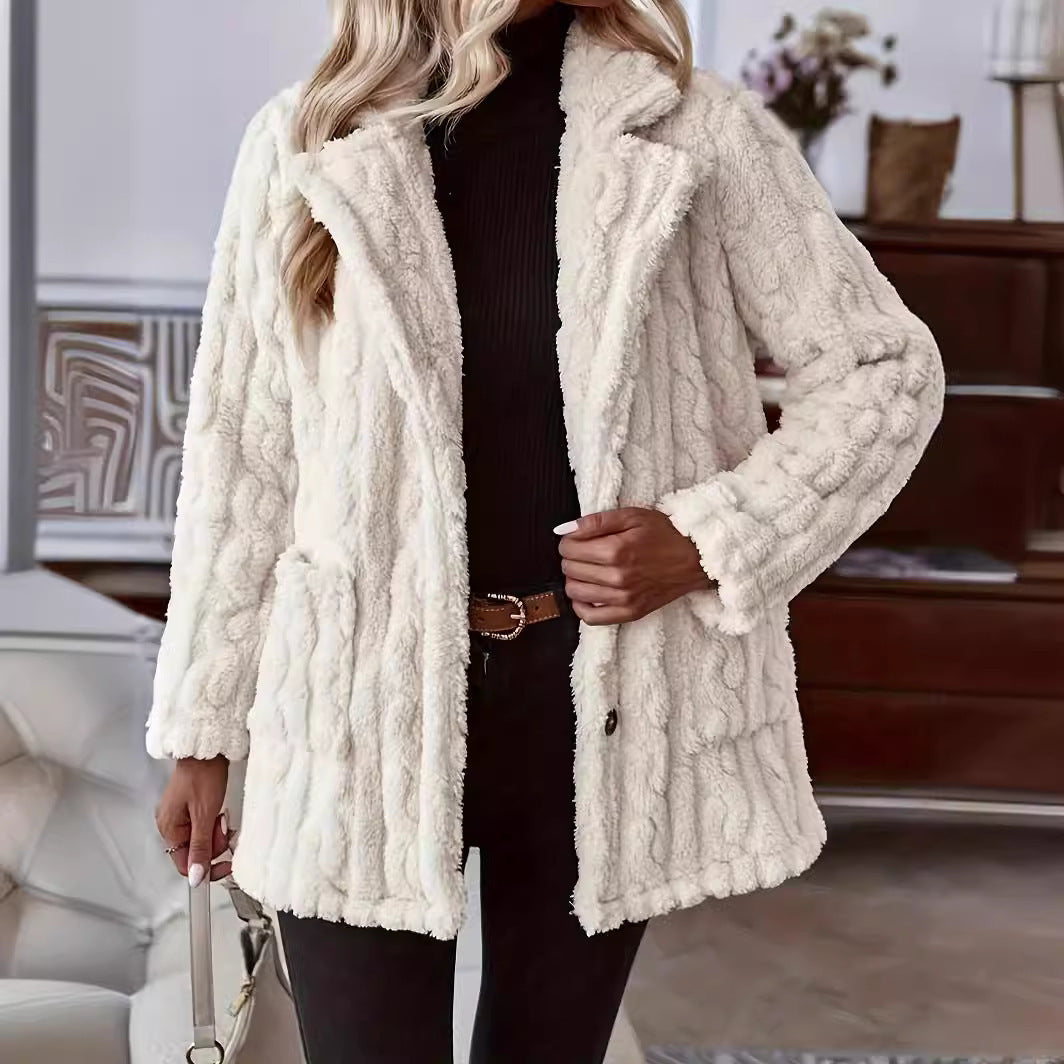 Women's Cardigan Jacket – Oversized Fit – Soft Wavy Texture – Double-Sided with Lapels