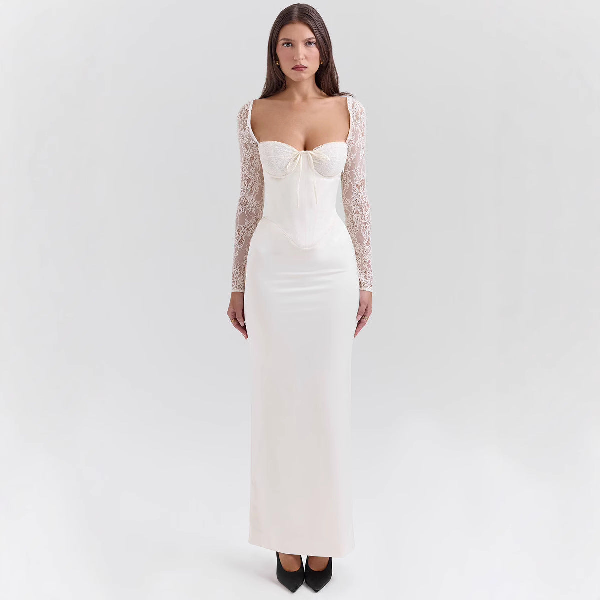 Dress for Women – Evening Long – Satin Bodycon – Lace Sleeves – Heart-Shaped Bustier