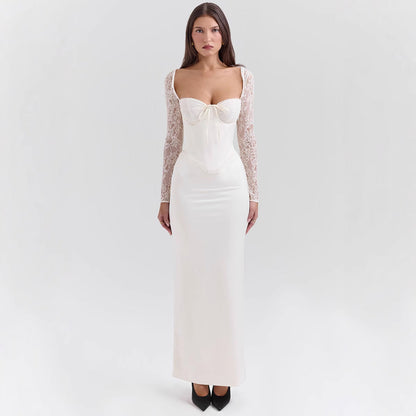 Dress for Women – Evening Long – Satin Bodycon – Lace Sleeves – Heart-Shaped Bustier