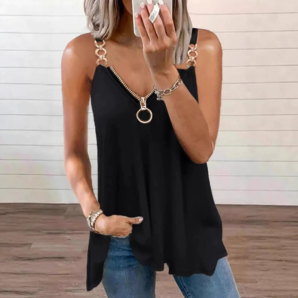 Women’s Sleeveless Blouse – Loose Fit – V-Neck with Ring Zipper – Chain Strap Details
