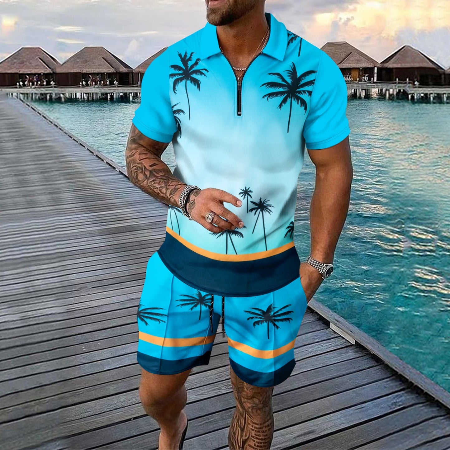 Men's Sports Set – Slim Fit – Breathable Lightweight Material – Zip Neck – Tropical Pattern