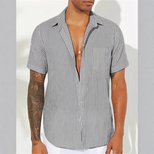 Men's Shirt – Relaxed Fit – Short Sleeves – Vertical Stripes – Chest Pocket