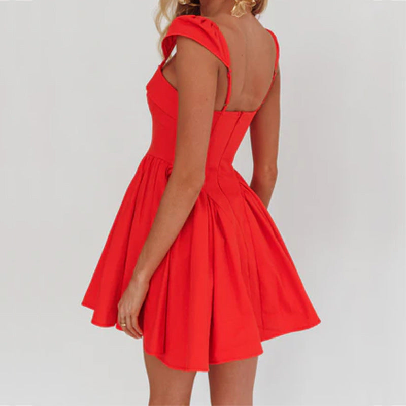 Women's Short-Sleeved Dress – Fitted Bodice – Pleated A-Line Skirt – Breathable Material