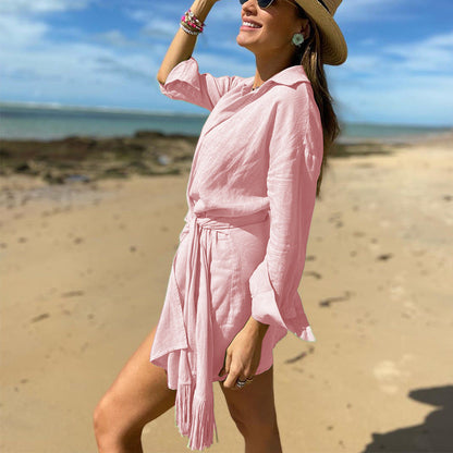 Dress for Women – Mini Wrap Dress – Long-Sleeved – Natural Fibers – V-Neck with Collar