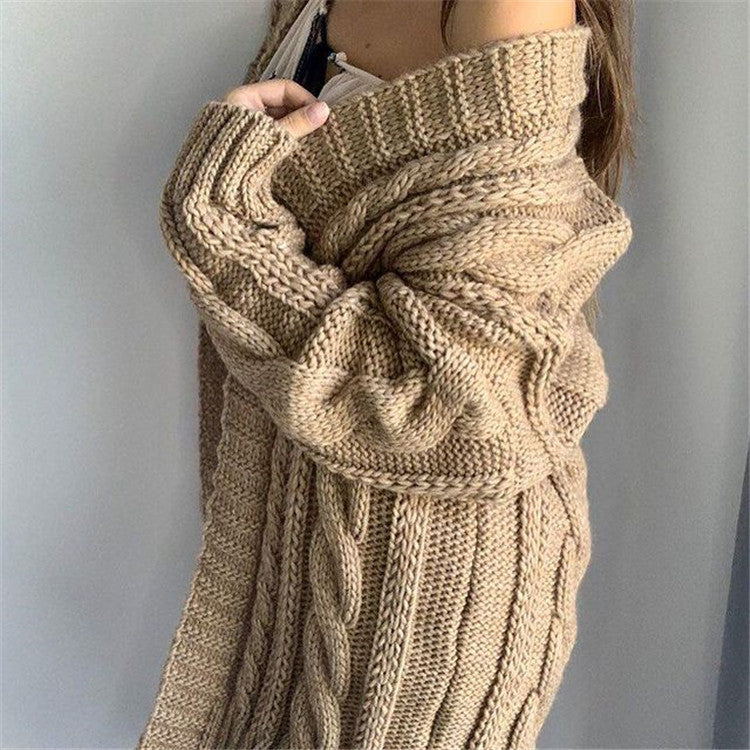 Women's Knit Sweater – Oversized Fit – Wool Blend – Cable Knit – V-Neck – Long Sleeves