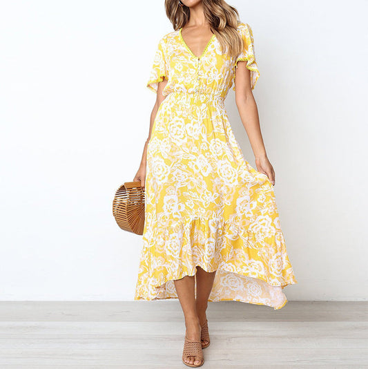 Women's Maxi Dress – Floral Pattern – V-Neck – Ruched Hem – Light and Breathable – A-Line