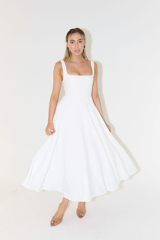 Women's Midi Dress – Satin Finish – Fitted Bodice – Square Neckline – A-line Cut