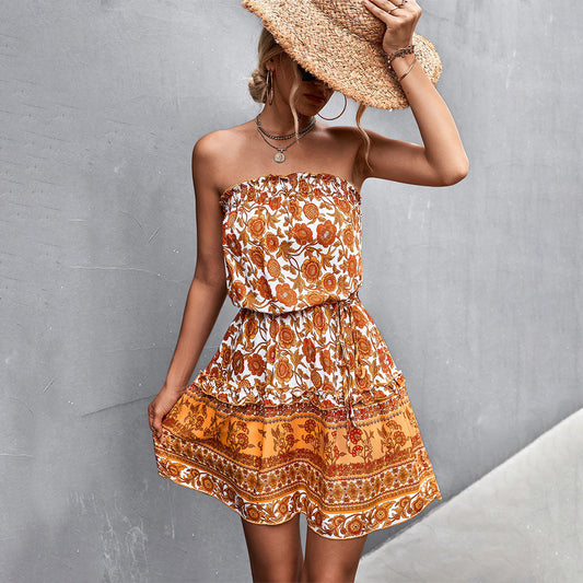 Women's Strapless Summer Dress - A-line Fit - Elastic Waist - Floral Pattern