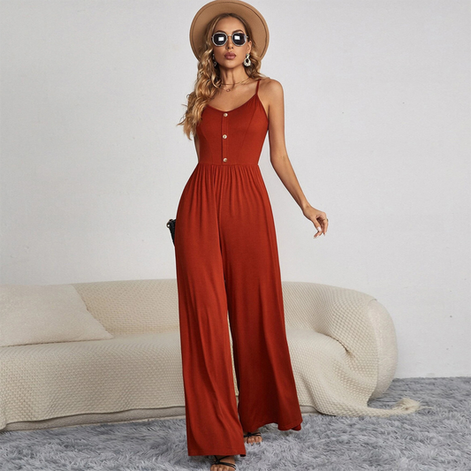 Women's Jumpsuit - Sleeveless with Spaghetti Straps - Button Details - Wide Legs - Elegant & Comfortable