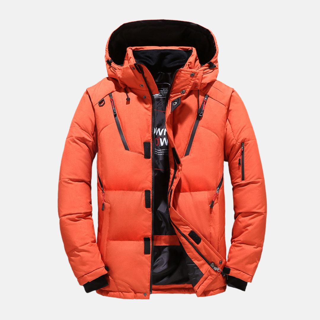 Men’s Down Jacket - Puffer Insulated - Hooded with Multiple Zippered Pockets - Relaxed Fit