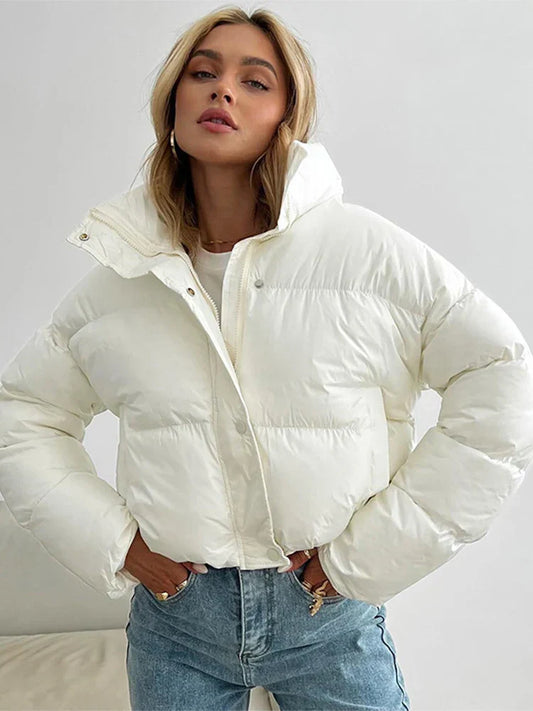 Women's Puffer Jacket - Short Model - High Collar - Zipper Closure - Warm and Stylish