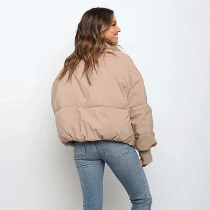 Women’s Puffer Jacket - Thermal Insulation - Cropped Length - Stand Collar - Ribbed Cuffs