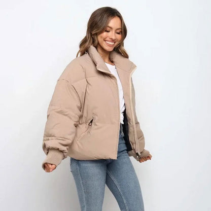 Women’s Puffer Jacket - Thermal Insulation - Cropped Length - Stand Collar - Ribbed Cuffs