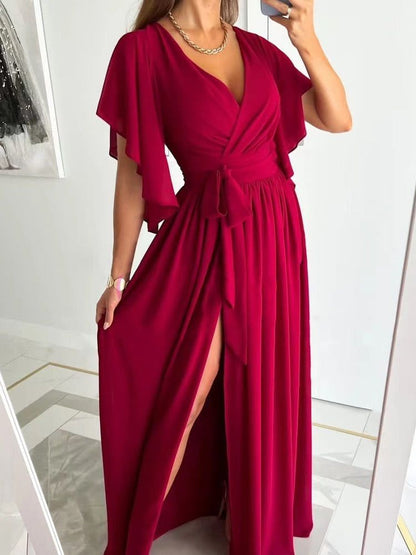 Women's Maxi Dress - Wrap Design - V-neck - Tie Belt - Slit - Elegant Evening Dress