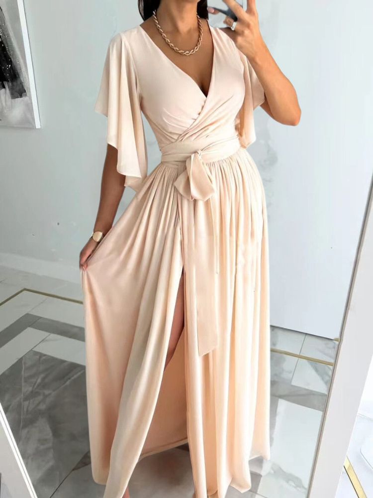 Women's Maxi Dress - Wrap Design - V-neck - Tie Belt - Slit - Elegant Evening Dress
