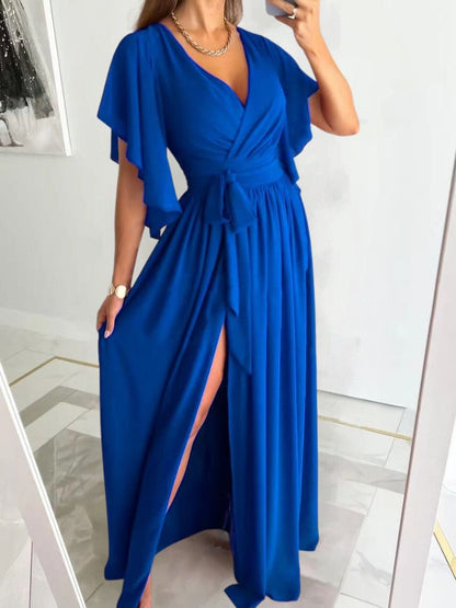 Women's Maxi Dress - Wrap Design - V-neck - Tie Belt - Slit - Elegant Evening Dress
