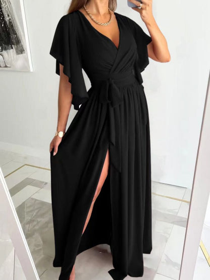 Women's Maxi Dress - Wrap Design - V-neck - Tie Belt - Slit - Elegant Evening Dress