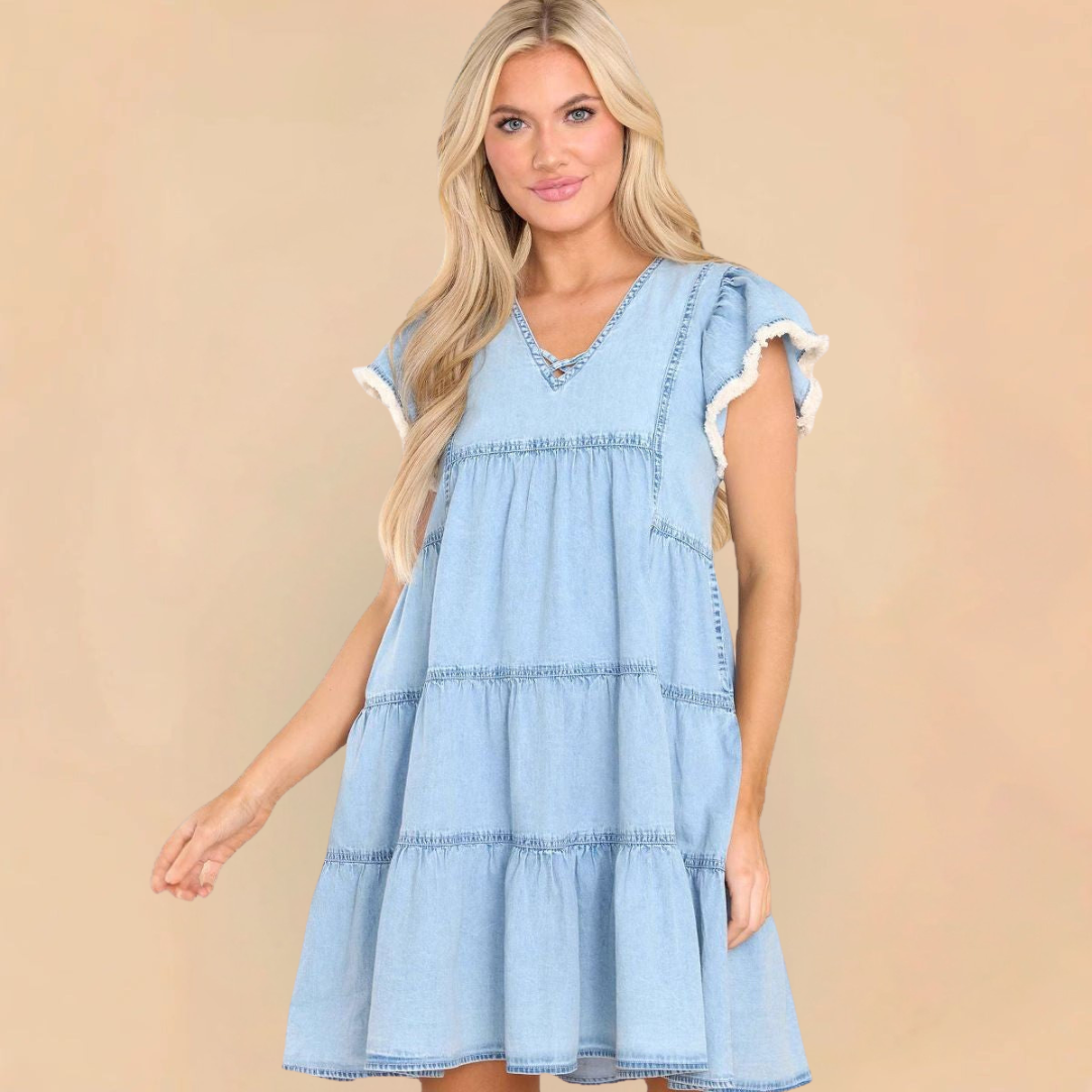 Women's Dress – A-line Mini Dress – Relaxed Fit – Denim – Short Sleeves with Ruffle Details