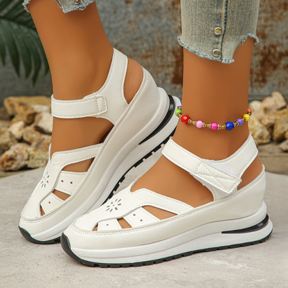 Women's Sandals – Imitation Leather – Platform Sole – Roman Cutout – Velcro Strap