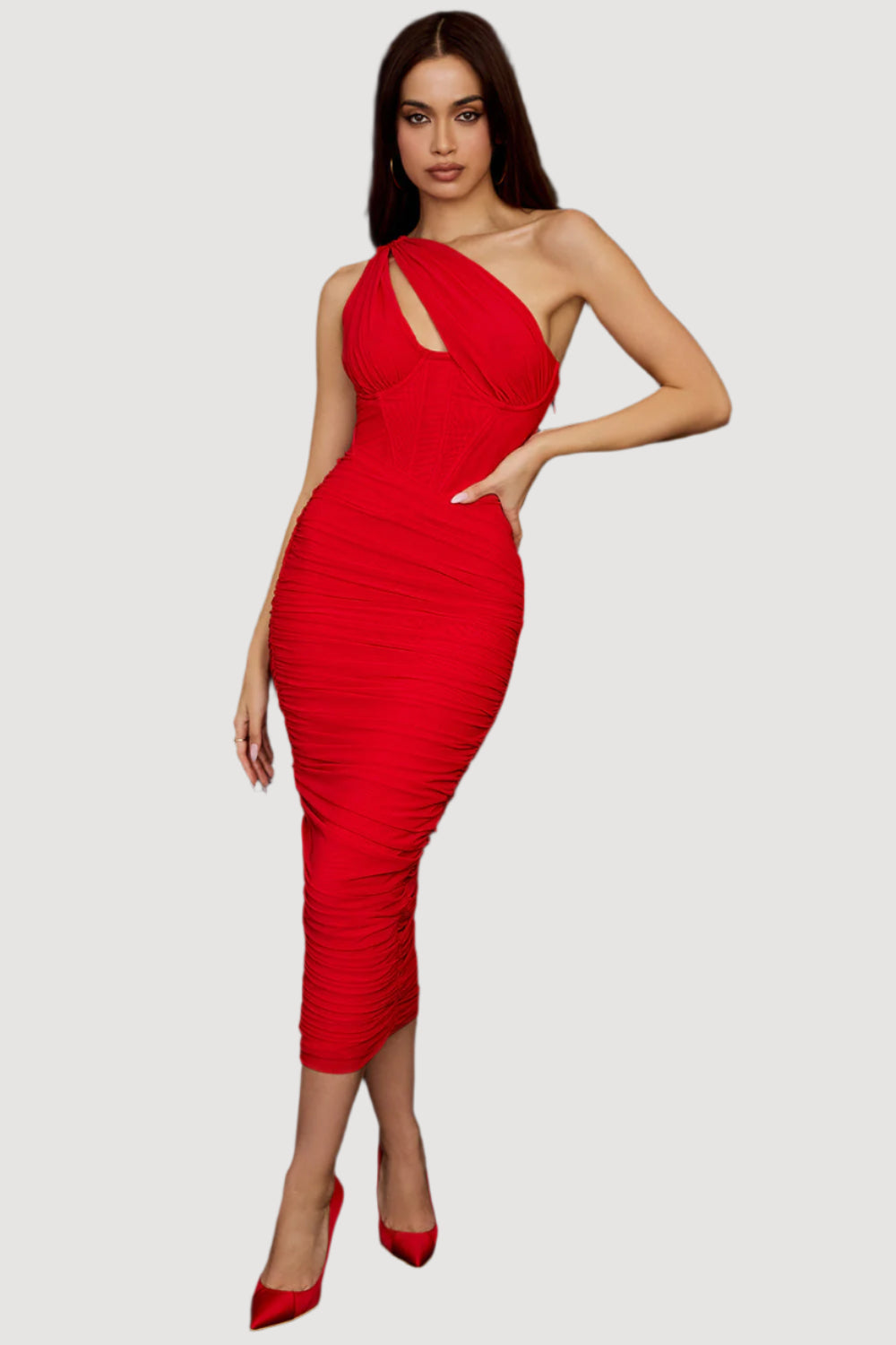 Dress for Women – Slim Fit – Asymmetric Neckline – Corset Detail – Ruched Midi Design