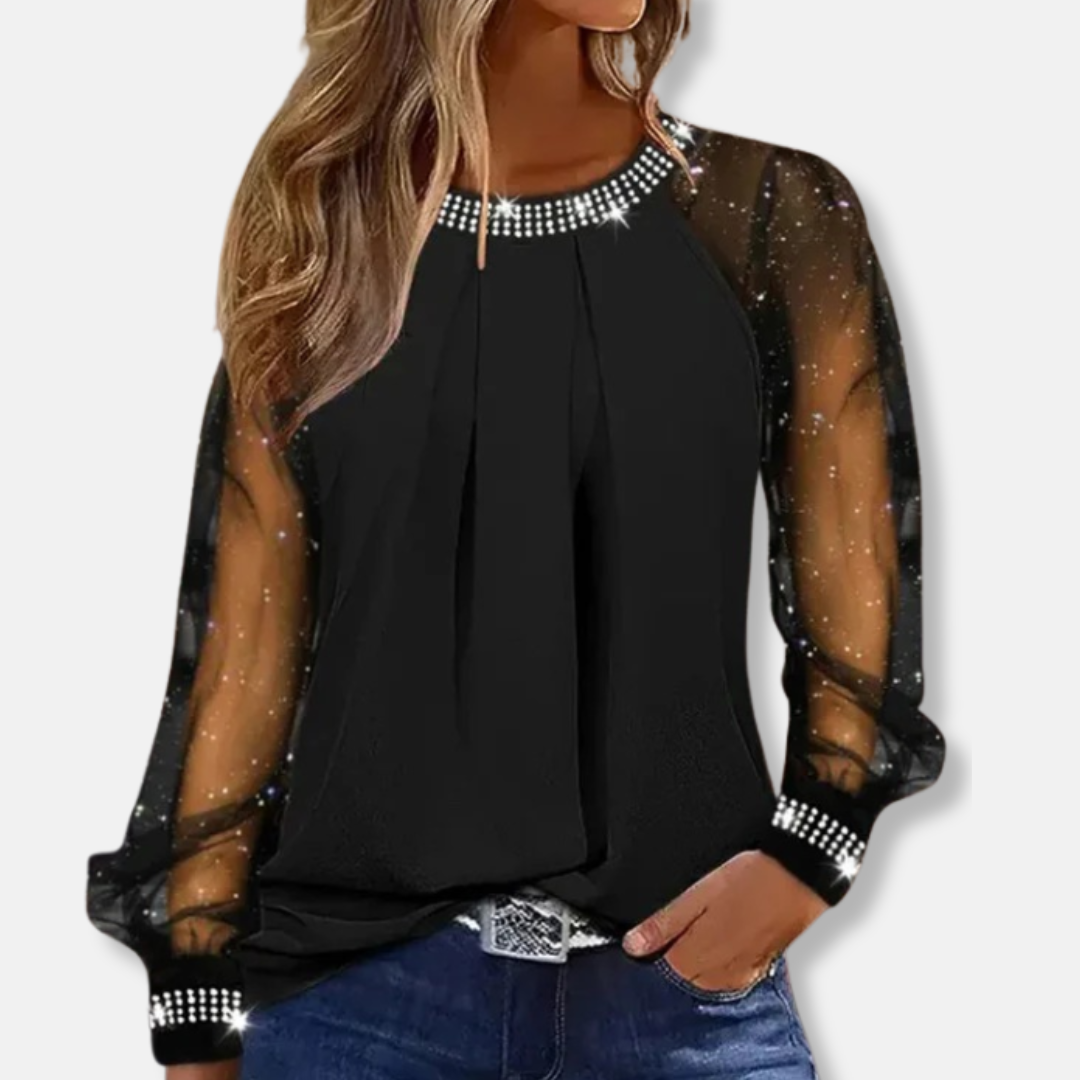 Sienna Relaxed Fit Blouse | Rhinestone Embellished Sheer Sleeve Blouse