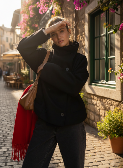 Women's Jacket – Wool Blend – Oversized Fit – Stand Collar – Double Breasted Buttons