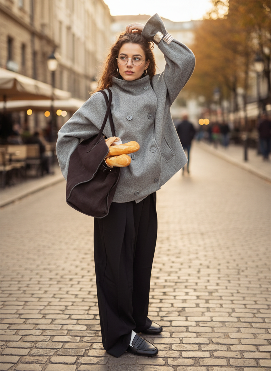 Women's Jacket – Wool Blend – Oversized Fit – Stand Collar – Double Breasted Buttons