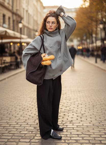 Women's Jacket – Wool Blend – Oversized Fit – Stand Collar – Double Breasted Buttons