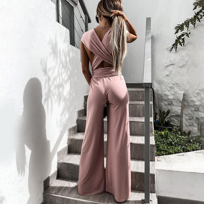 Dame Jumpsuit - Ærmeløs - V-udskæring - Bred Ben - Taljebånd - Elegant og Luftig