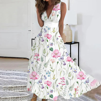Women's Dress Maxi – Airy Fit – Deep V-Neck – Sleeveless – Fitted Waist – Floral Pattern
