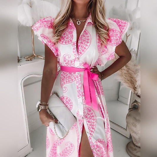 Woman Maxi Dress - Paisley Pattern - Buttons & Collar - Tie Belt - Elegant & Airy