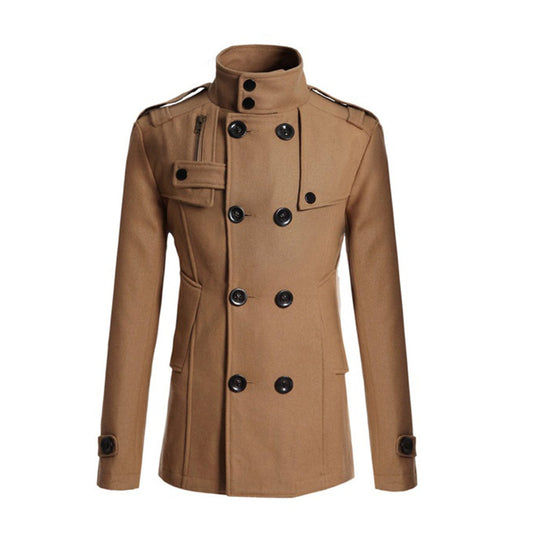 Men's Coat – Tailored Fit – Double Breasted – High Collar – Wool Look