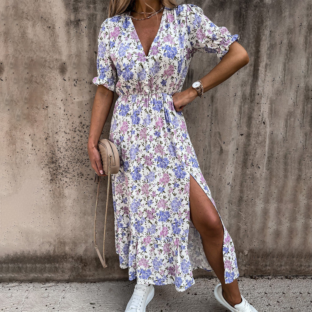 Women's Midi Dress - Floral A-line - V-neck & Elastic Waist - Short-sleeved