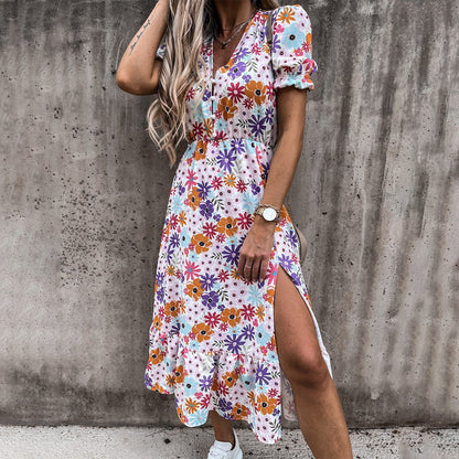 Women's Midi Dress - Floral A-line - V-neck & Elastic Waist - Short-sleeved