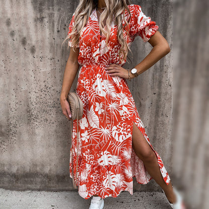 Women's Midi Dress - Floral A-line - V-neck & Elastic Waist - Short-sleeved